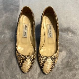 Jimmy Choo Ivory and Black Pointed Toe Snakeskin Pumps